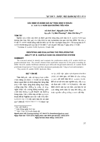 Xác định và đánh giá sự tăng sinh vi khuẩn B. subtilis hu58 qua đường tiêu hóa
