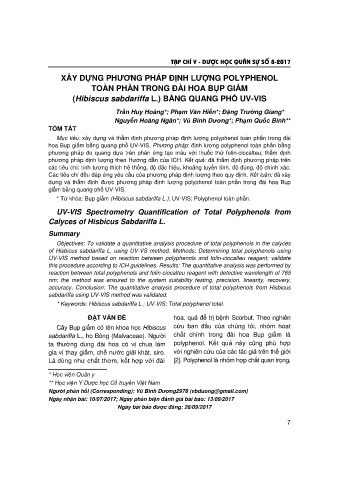 Xây dựng phương pháp định lượng polyphenol toàn phần trong đài hoa bụp giấm (hibiscus sabdariffa l.) bằng quang phổ uv - vis