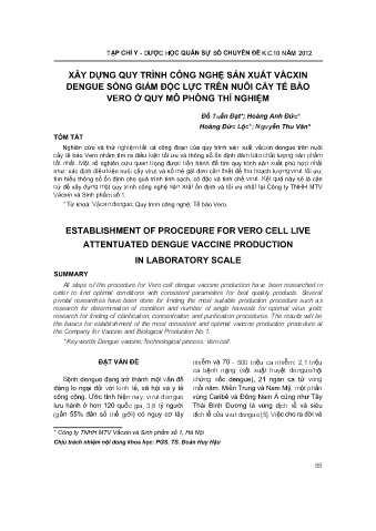 Xây dựng quy trình công nghệ sản xuất vắcxin dengue sống giảm độc lực trên nuôi cấy tế bào vero ở quy mô phõng thí nghiệm