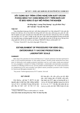 Xây dựng quy trình công nghệ sản xuất vắcxin phõng bệnh tay chân miệng EV71 trên nuôi cấy tế bào vero ở quy mô phõng thí nghiệm