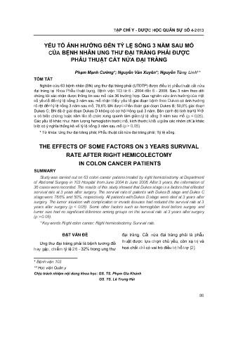 Yếu tố ảnh hưởng đến tỷ lệ sống 3 năm sau mổ của bệnh nhân ung thư đại tràng phải được phẫu thuật cắt nửa đại tràng