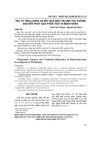 Yếu tố tiên lượng và kết quả điều trị ung thư xương nguyên phát qua phân tích 70 bệnh nhân